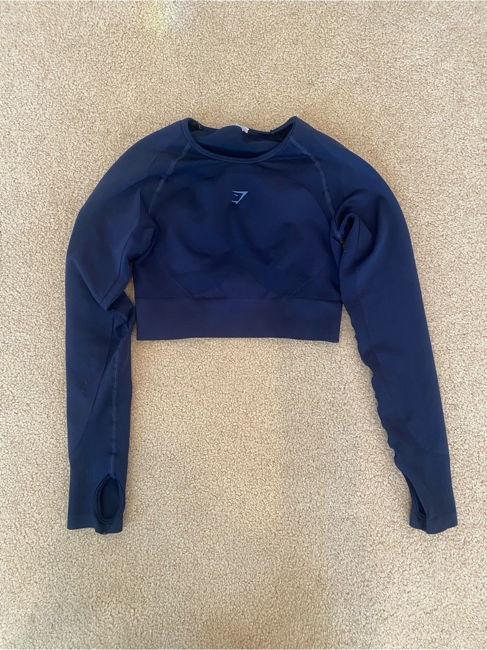 Gymshark Women’s Blue Cropped Long Sleeve Top S Crew Neck Stretch Knit Logo